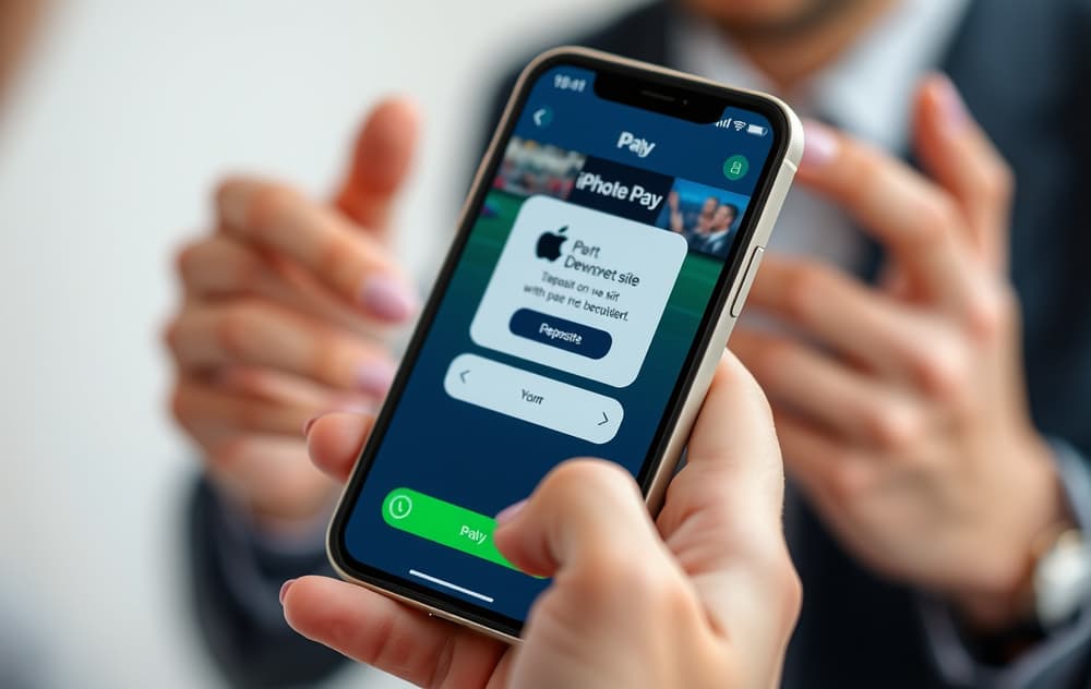 Person som holder iPhone med Apple Pay åpen foran en bookmakers innskuddsside