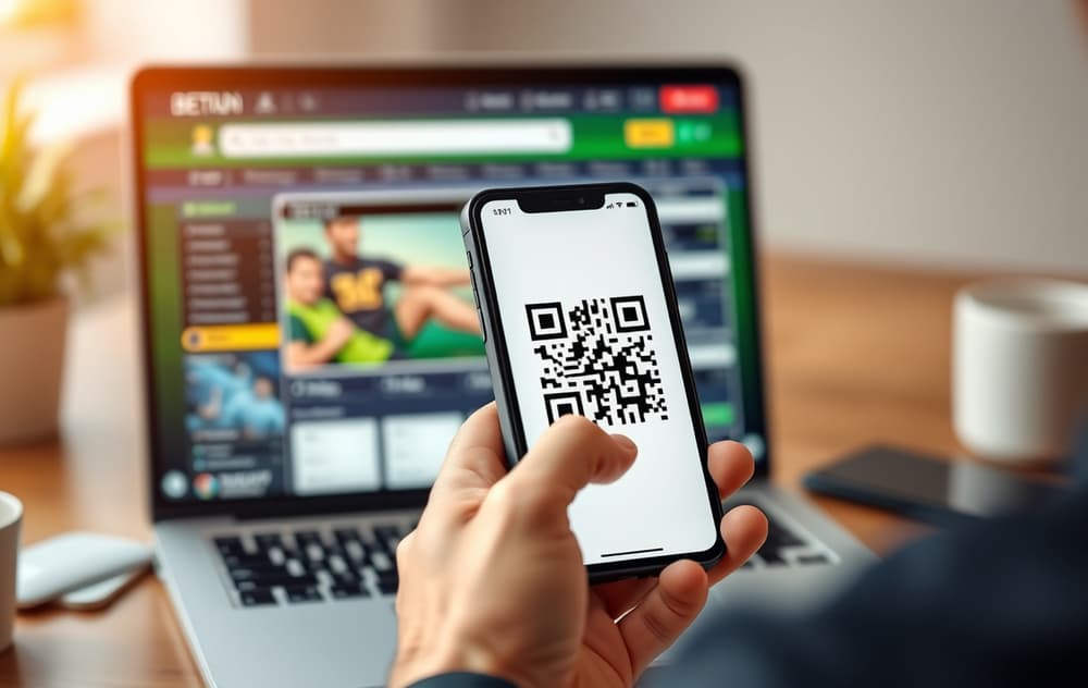 Person med mobil som skanner QR-kode for Bitcoin-innskudd på en bettingside.
