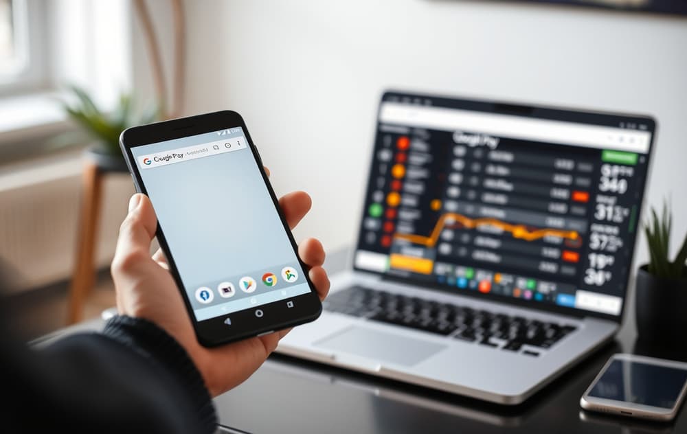 Person med Android-telefon som viser Google Pay for betting, med odds på skjermen i bakgrunnen