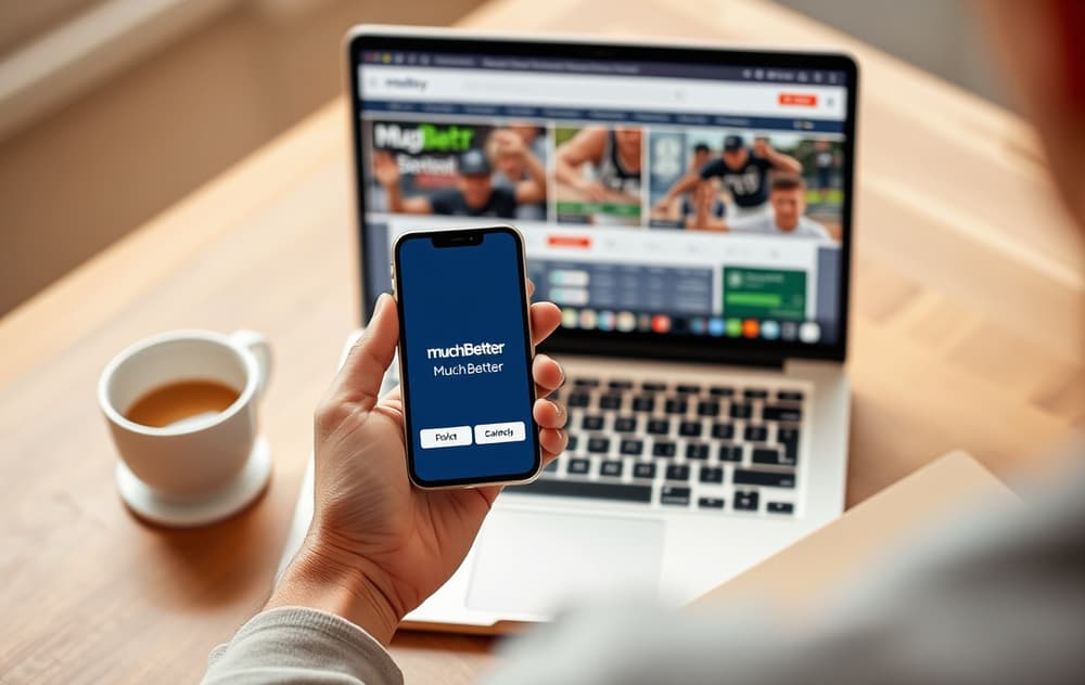 Person med mobiltelefon med MuchBetter-appen ved siden av en laptop med oddsside