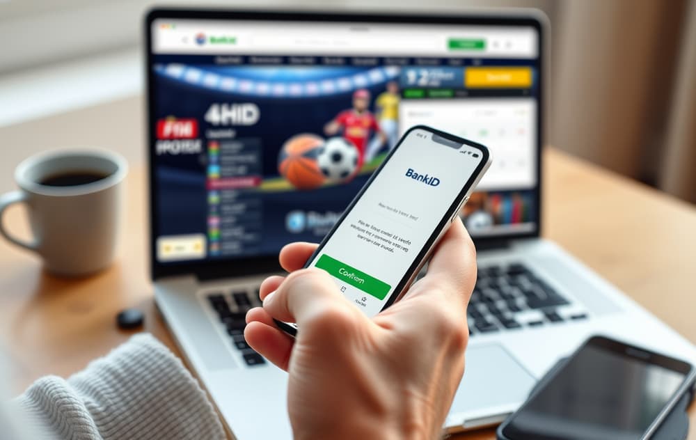 Person med mobiltelefon som bekrefter en Trustly-betaling via BankID foran en bærbar PC med odds-spill.