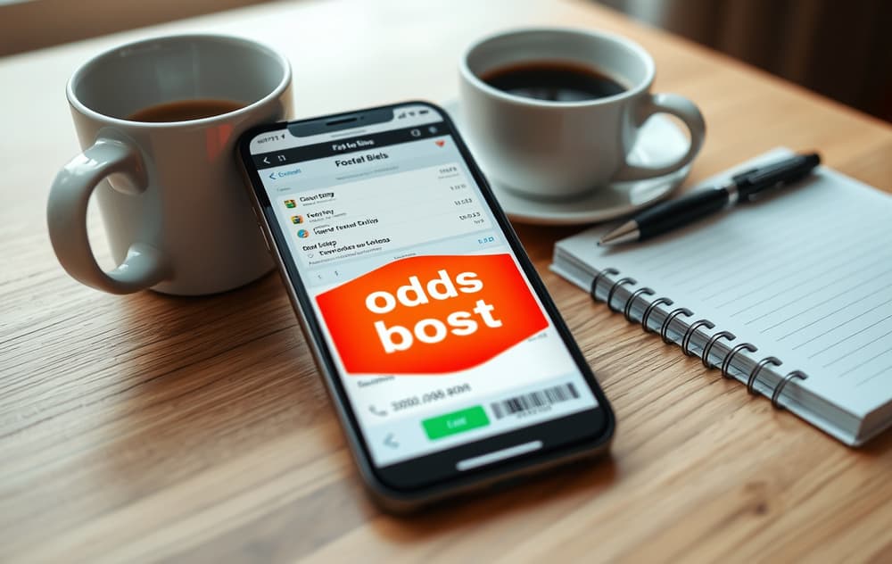 Mobilskjerm med oddsboost-badge på en fotballspillkupong, kaffekopp og notatblokk ved siden av.