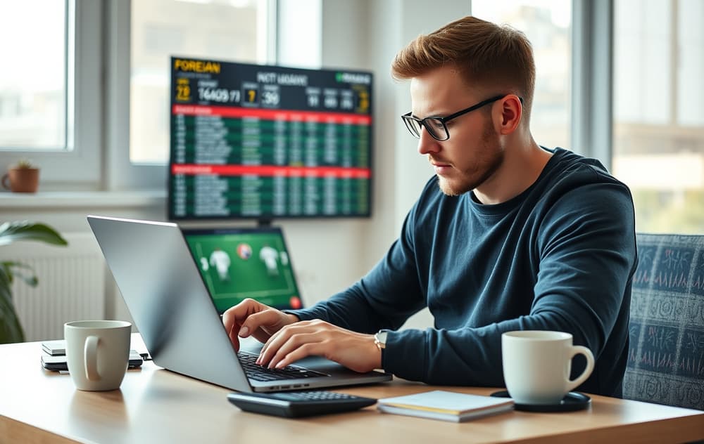 Norsk bettingspiller som analyserer fotballodds på pc med kalkulator og kaffekopp