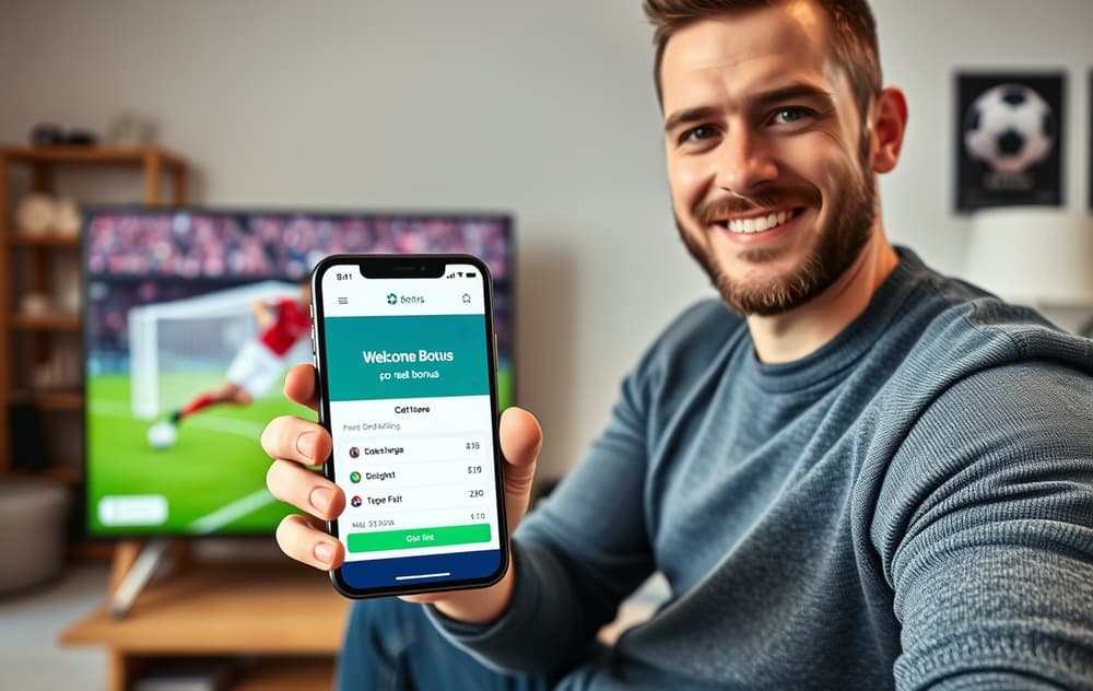 Norsk spiller med mobil som viser velkomstbonus på odds, med fotballkamp på TV i bakgrunnen.