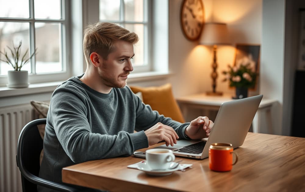 Norsk mann som ser på odds på laptop, med kaffekopp og mobil, i en stue.
