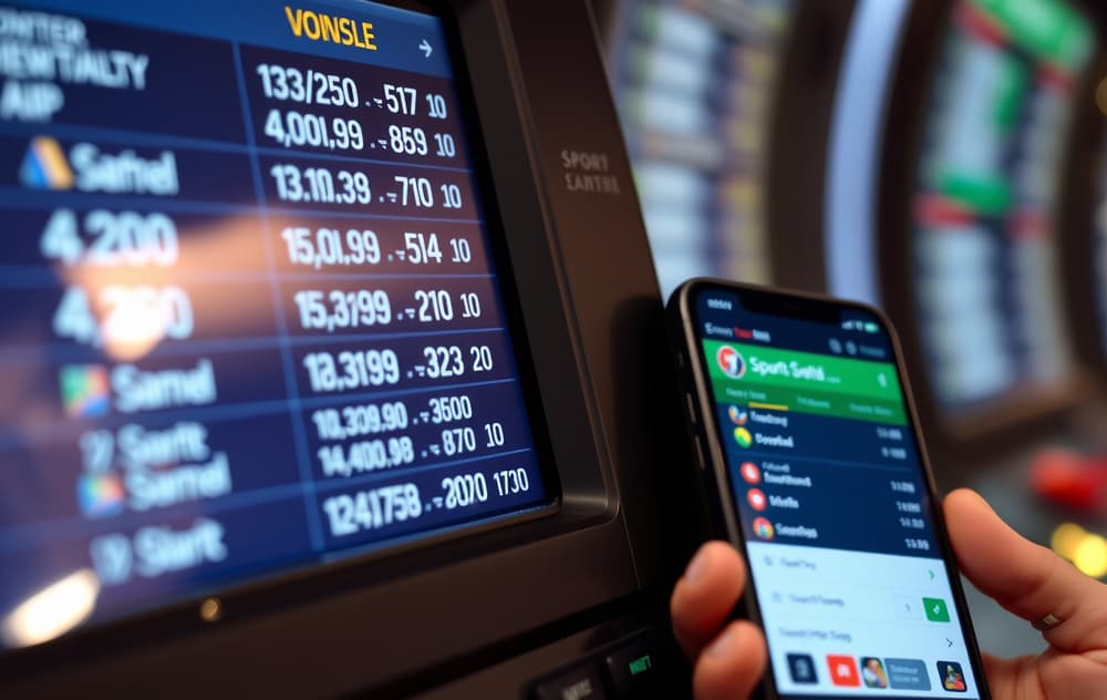 Skjerm med odds på fotballkamper og mobiltelefon med bettingapp.