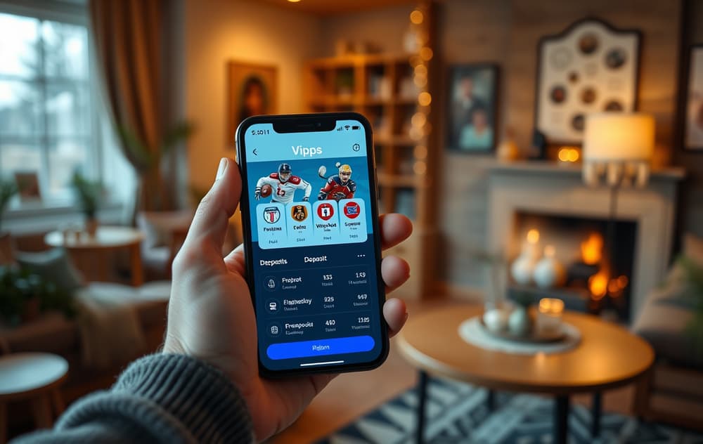 Person som setter inn penger på bettingkonto via Vipps på mobil, med sportssymboler i bakgrunnen