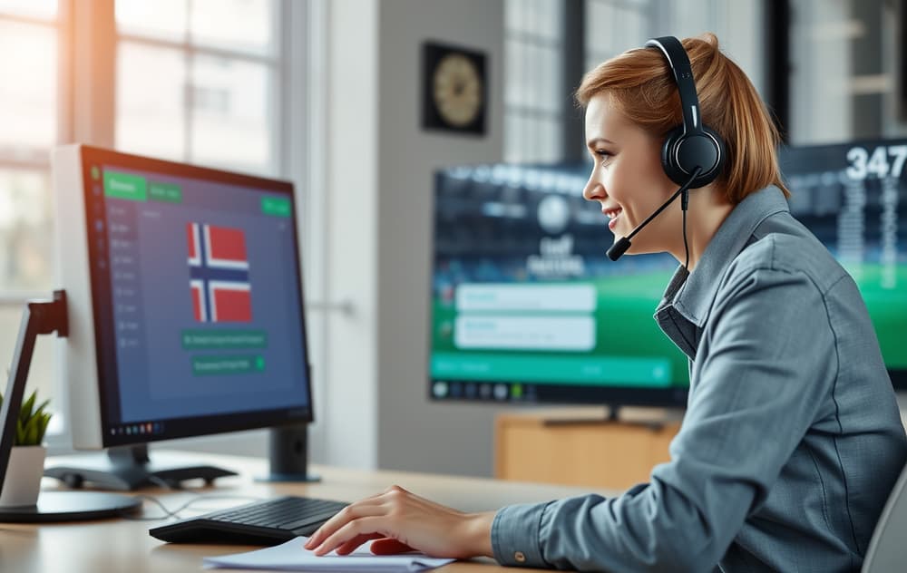 Kundeservice hos en bookmaker med live chat og norsk flagg.