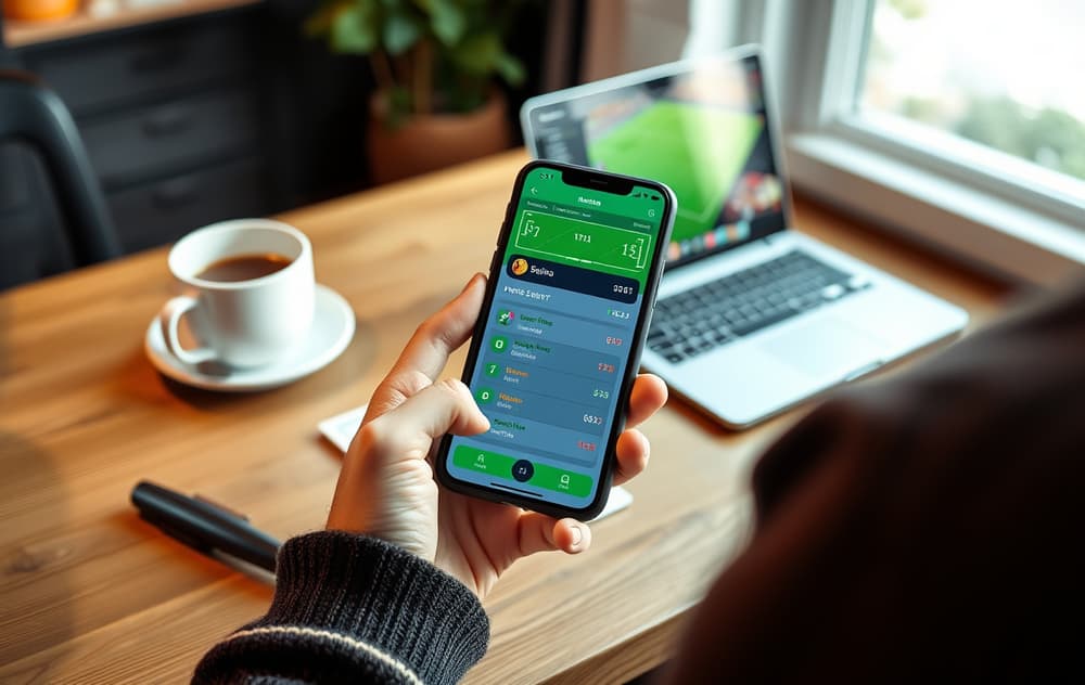 Person som holder en mobiltelefon med en odds-app for fotball, kaffe og laptop i bakgrunnen.