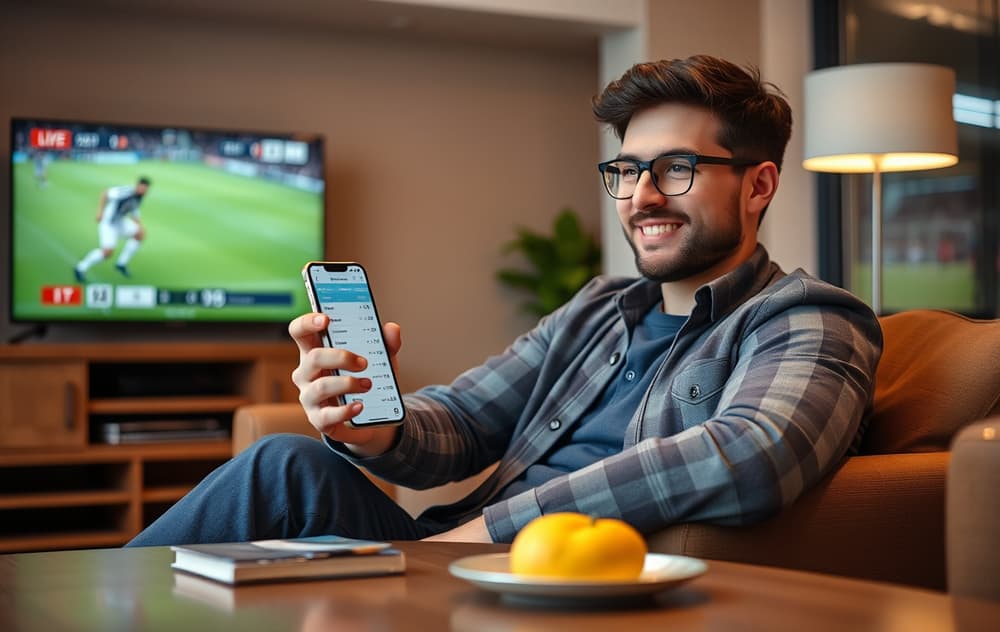 En person sjekker odds for fotball på mobilen mens en kamp spilles på TV i bakgrunnen