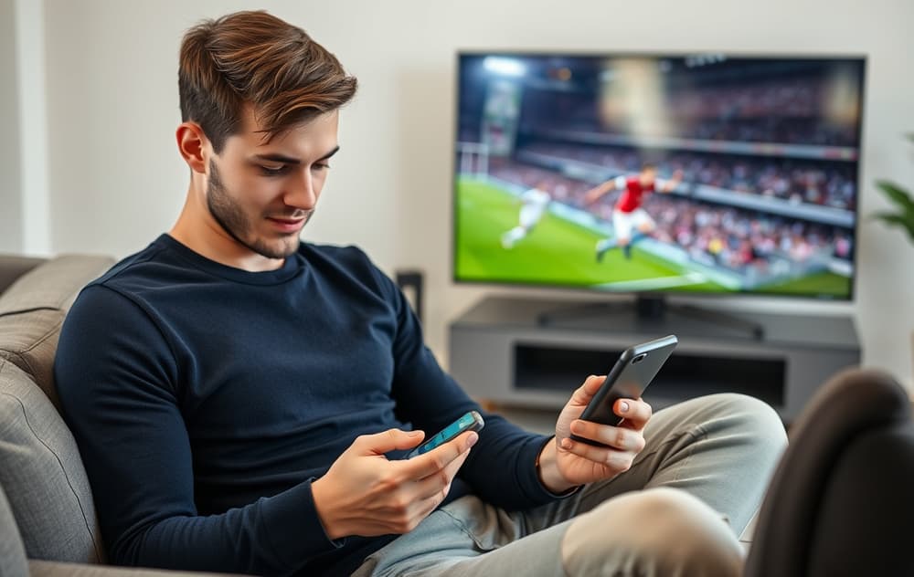 Mann som følger live odds på mobil