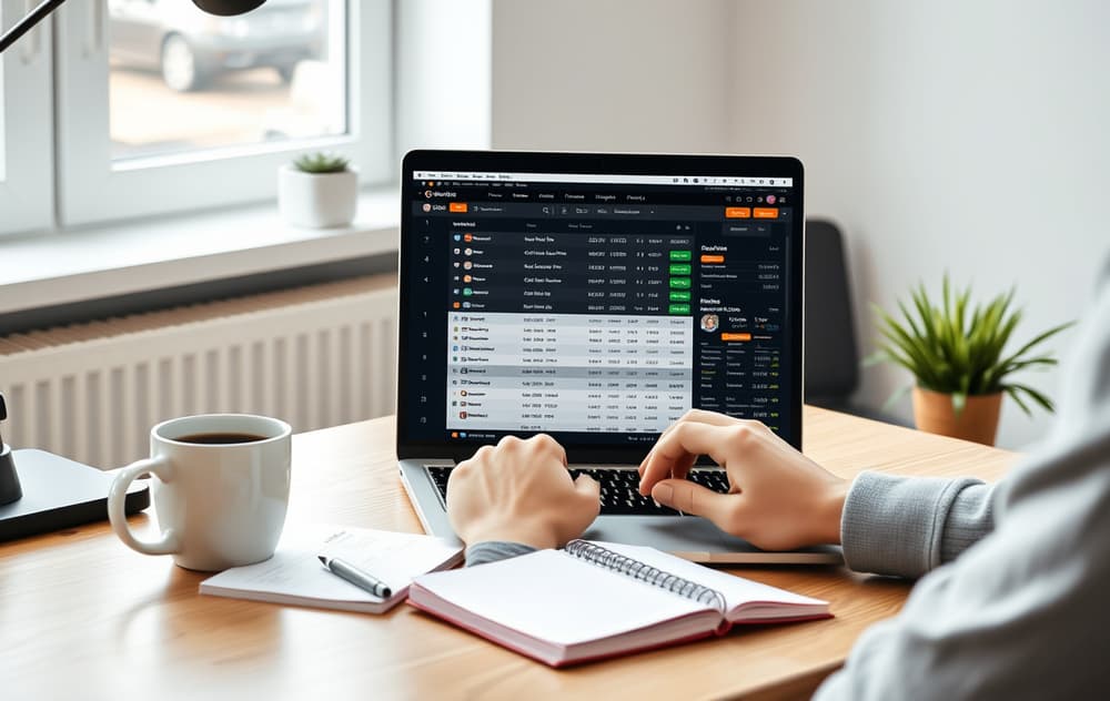 Person som sammenligner bettingsider på laptop med sjekkliste ved siden av