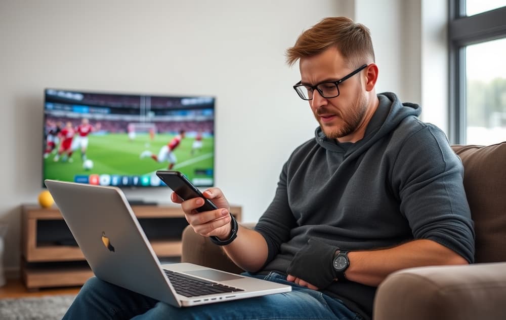 Norsk sportsfan som sammenligner fotball odds på mobil og laptop med fotballkamp på TV
