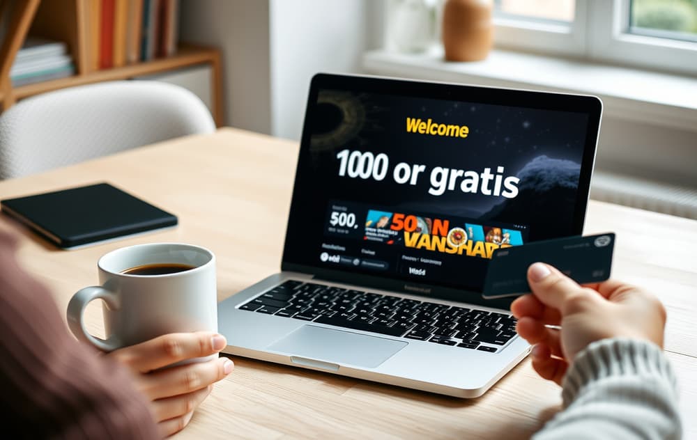 Laptop med gratis casino-bonus på skjermen, kaffekopp og kredittkort ved siden av.