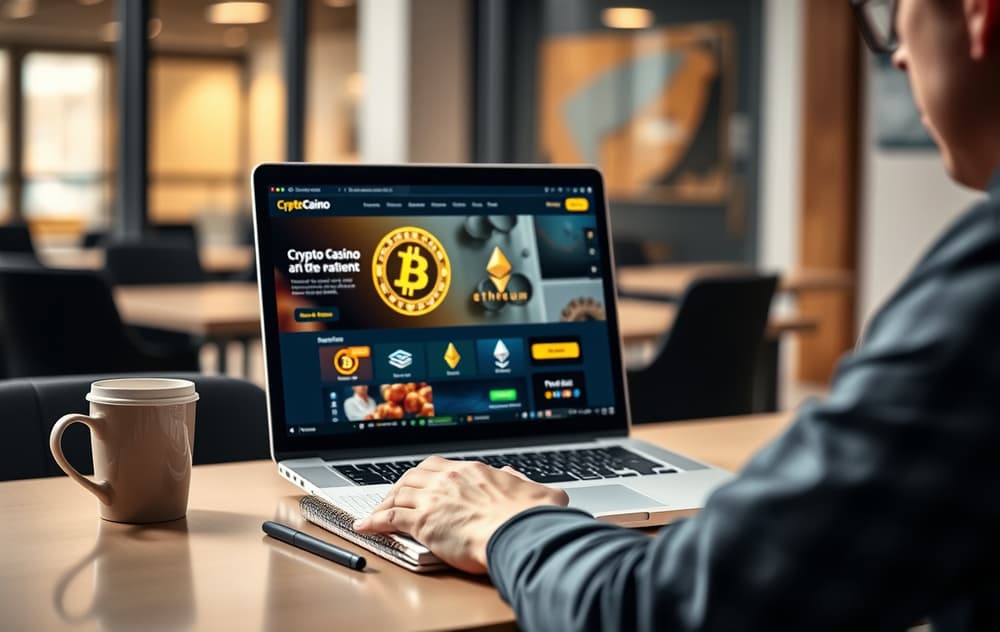 Person som sammenligner kryptocasinoer på laptop med notater og kryptovaluta-symboler