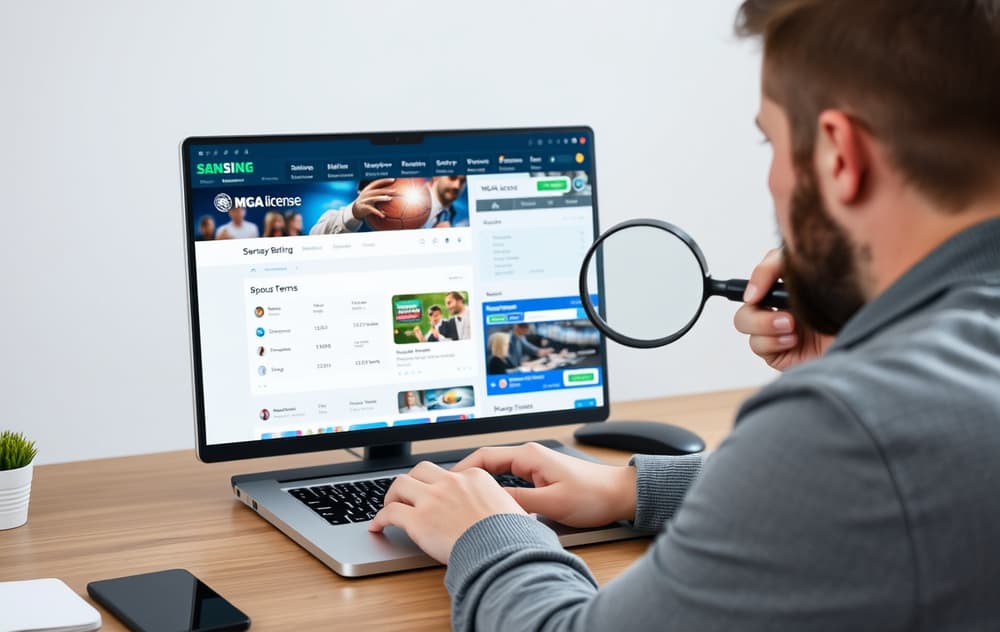 En person som sammenligner bettingsider på en laptop med lisens og bonusvilkår synlig på skjermen.