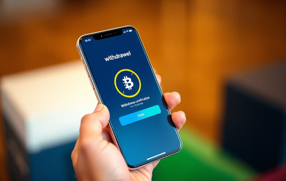 Mobilskjerm med bekreftelse på uttak av kryptovaluta, klokke viser 5 minutter