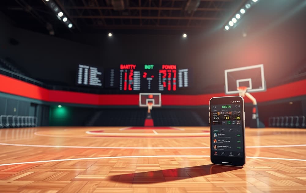 Basketballbane med odds på skjerm og mobil med betting-app