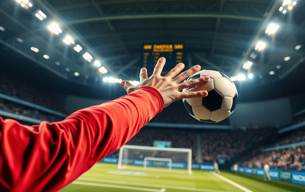 Håndballspiller kaster ballen mot mål med odds og stilling vist i bakgrunnen.