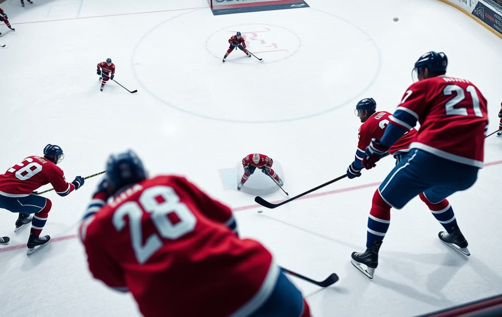 Ishockeykamp med spillere og bettingodds vist i hjørnet