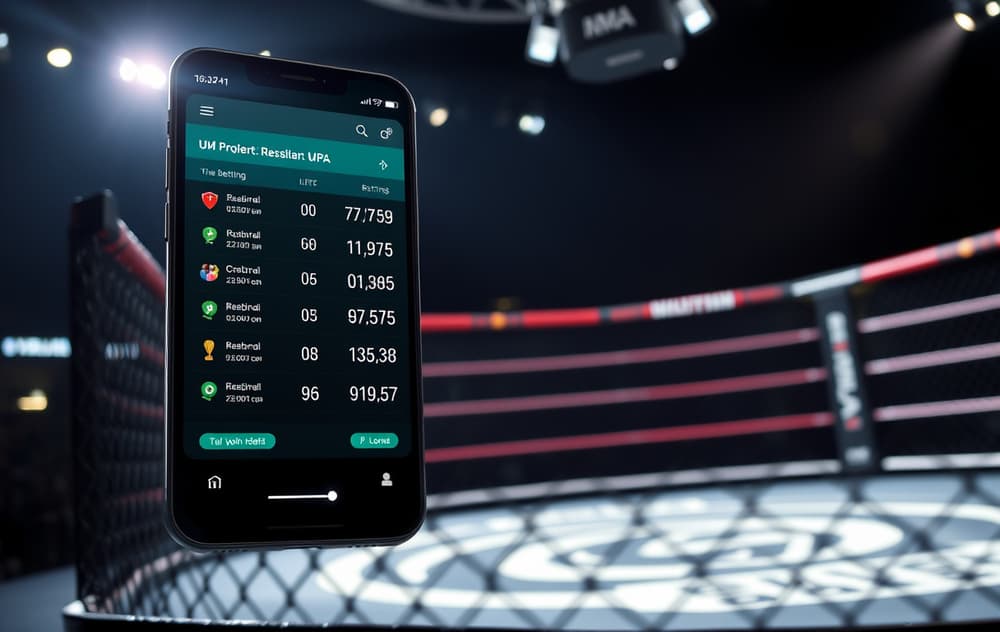 MMA-oktagon med bettingodds på mobilskjerm i forgrunnen.