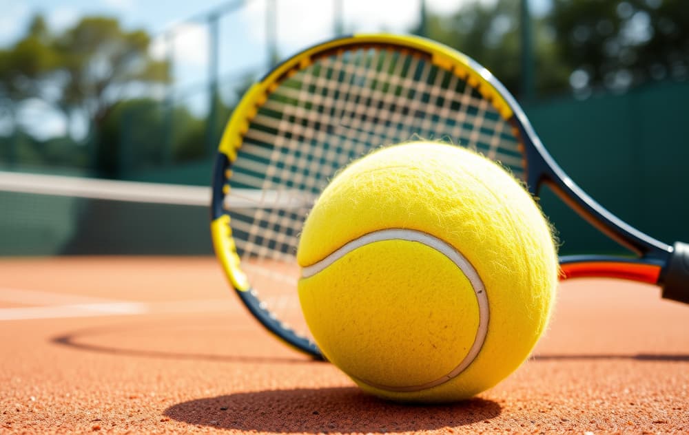 Tennisball og racket på bane med odds-overlegg